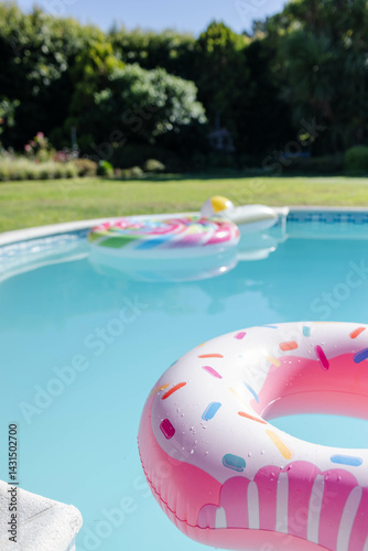 Pink sprinkled donut float is drifting on clear pool water near unicorn float in sunny backyard