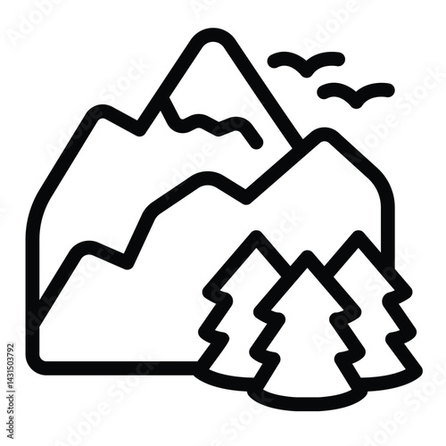 Mountains with forest and birds line icon, eco tourism concept. Vector graphics. Nature landscape sign on white background, style for mobile or design.