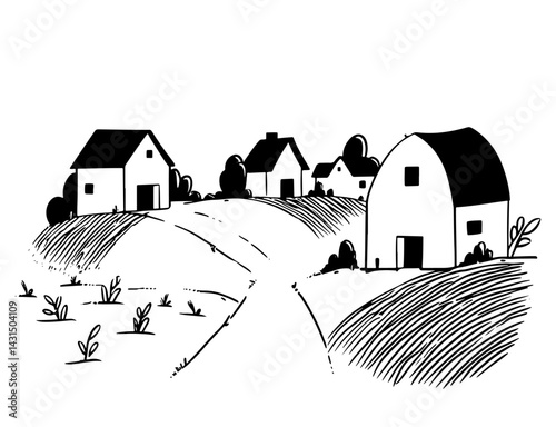 Charming hand-drawn vector illustration of countryside scene featuring minimalist houses and rolling hills, ideal for agriculture, rural living, or nature-themed projects.