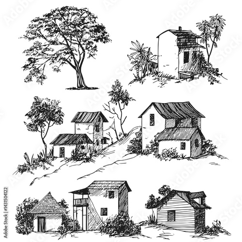 Charming hand-drawn vector illustrations featuring lively houses and trees, ideal for nature-themed projects, real estate, and eco-friendly designs, blending rustic and modern elements.