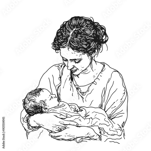 Tender moment between mother and newborn, beautifully illustrated to capture love, warmth, and connection. Ideal for themes of family, parenting, and new beginnings. Vector illustration.