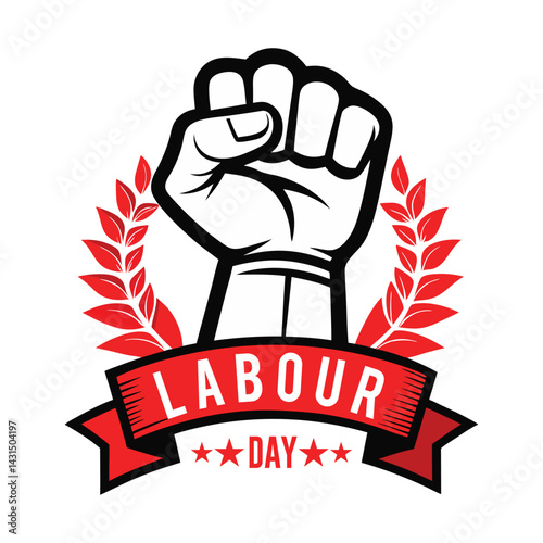 Happy Labour Day Illustration with Raised Fist Symbol Workers Rights, Celebration Emblem, Red Badge Design for May Day Promotions