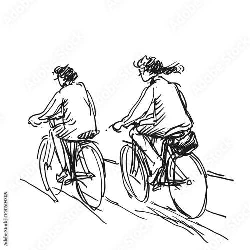 Two cyclists enjoy leisurely ride together. This vector illustration captures spirit of adventure and friendship on wheels, perfect for outdoor and health-themed projects.