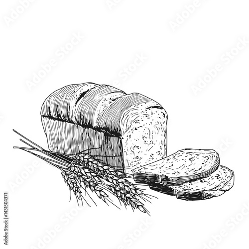 "Vector illustration of freshly baked bread alongside wheat stalks, ideal for culinary, organic, and bakery-themed designs. Detailed artwork suitable for various food-related projects."