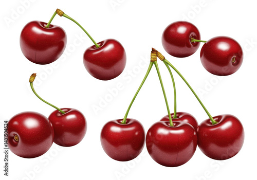 A juicy cluster of ripe cherries on a black canvas glistening with perfection