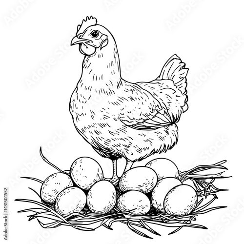 Hand-drawn vector illustration of a hen with eggs in a nest. Perfect for farm, food, and nature themes. Ideal for culinary projects, greetings, or educational materials.