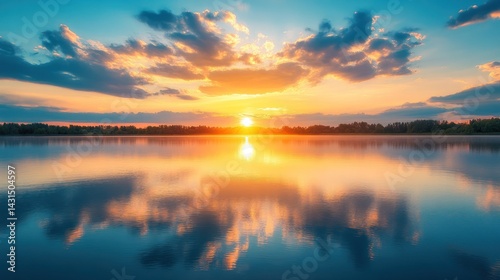 Sunset Reflection on Calm Lake Waters