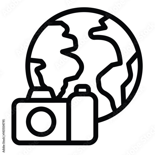 Planet and camera line icon, eco tourism concept. Vector graphics. World globe with photo camera, traveling sign on white background, style for mobile or design.