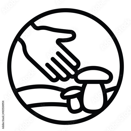 Hand and mushrooms line icon, eco tourism concept. Vector graphics. Mushroom with hand, plant sign on white background, style for mobile or design.