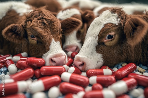 Brown and white cows among red and white capsules and multicolored pills