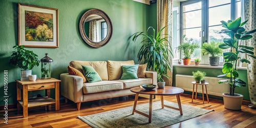 Cozy Living Room Interior: Couch, Table, Mirror, Plant - Stock Photo