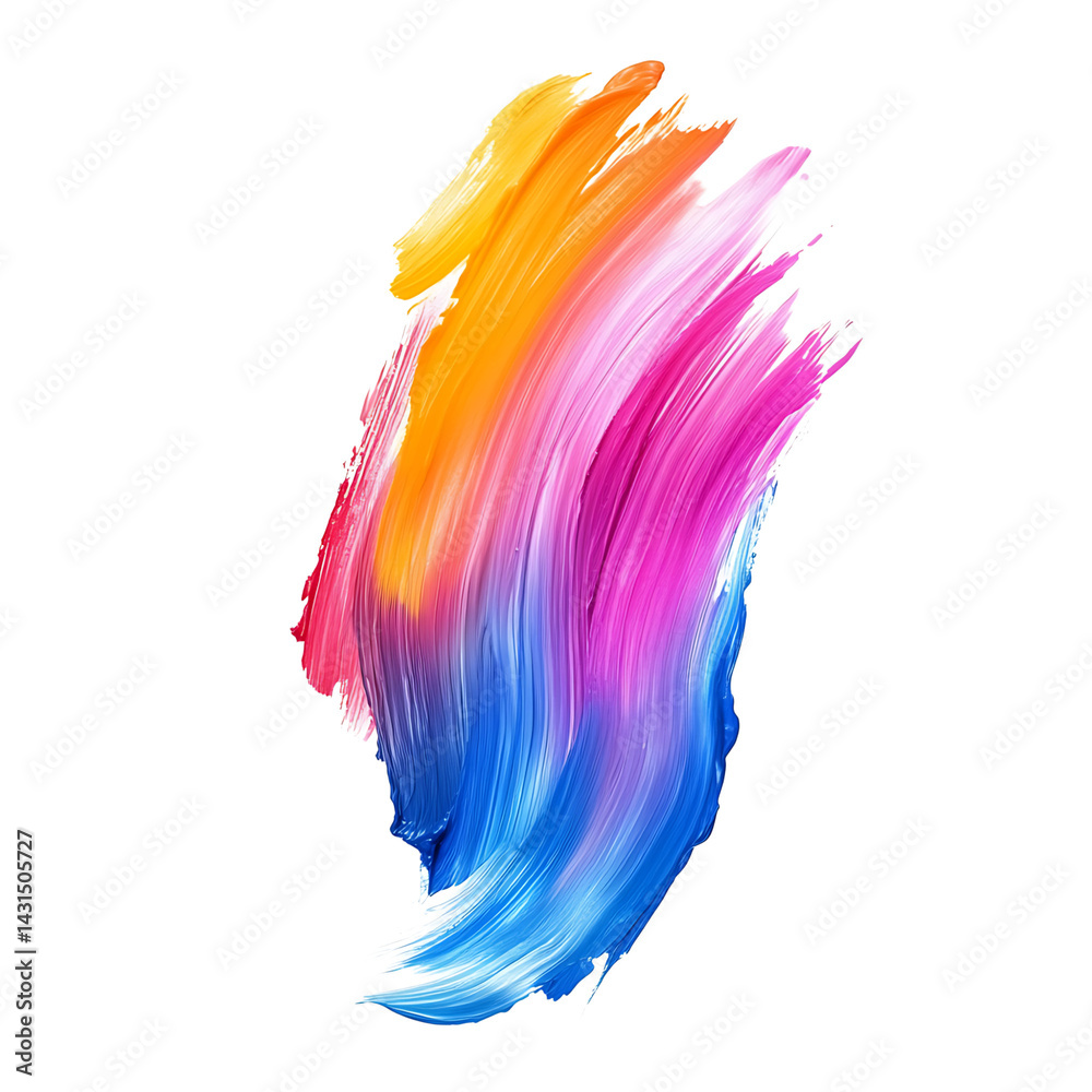 Colorful paint brush stroke with blended rainbow shades of blue purple red orange yellow and pink in a dynamic curved motion on a transparent background
