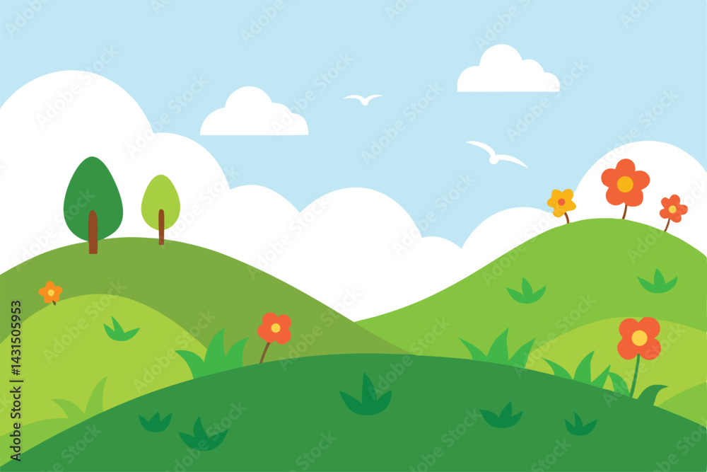 Fototapeta premium lush-summer-hillside-with-birds--flowers--and-clea.eps