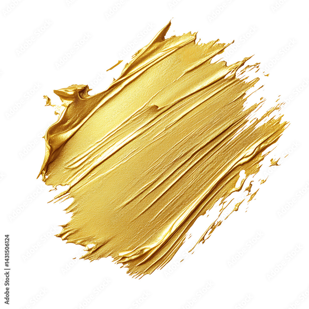 Shiny golden metallic paint brush stroke with shimmering texture and thick abstract swirls set against a transparent background with expressive brush lines