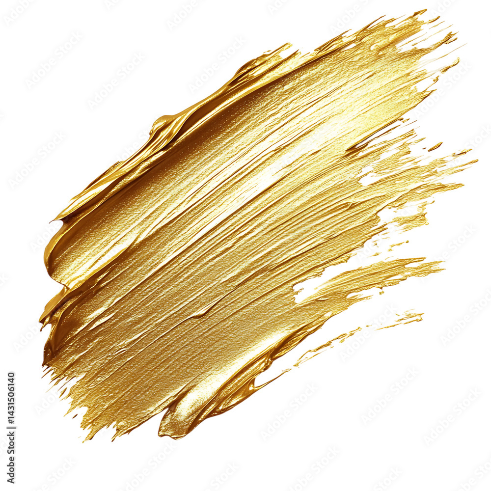 Shiny golden metallic paint brush stroke with shimmering texture and thick abstract swirls set against a transparent background with expressive brush lines