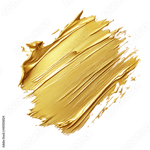 Obraz na płótnie Shiny golden metallic paint brush stroke with shimmering texture and thick abstract swirls set against a transparent background with expressive brush lines w salonie