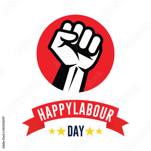 Happy Labour Day Illustration with Raised Fist Symbol Workers Rights, Celebration Emblem, Red Badge Design for May Day Promotions