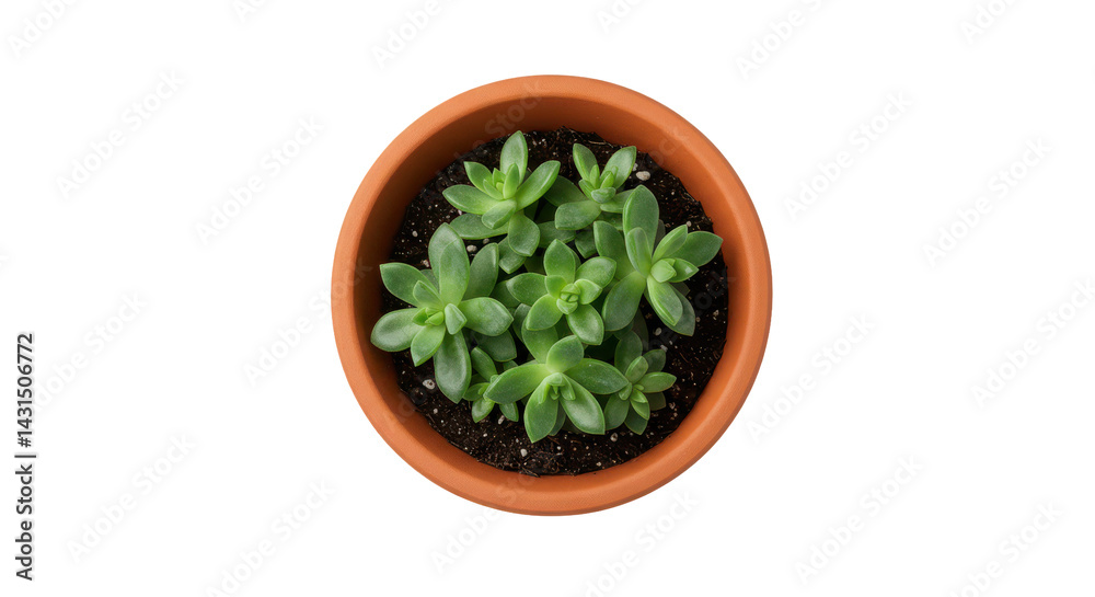 Top view of a small green succulent plant in a terracotta pot with soil filling the container Top view of a small green succulent plant in a terracotta pot with soil filling the container