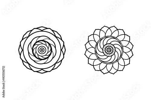 Circular Geometric Floral Pattern Designs In Black And White Minimalist Style