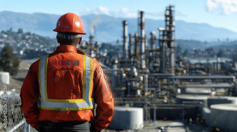 Back view of the logistics coordinator who inspects the bright oil refinery. Back view of the logistics coordinator who inspects the bright oil refinery.
