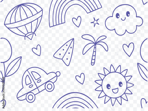 Cute Doodle Kids Pattern – Hand Drawn Kawaii Elements Like Car, Rainbow, Sun, Cloud, and Paper Plane – Seamless Playful Background for Nursery Decor, Stationery, and Fabrics