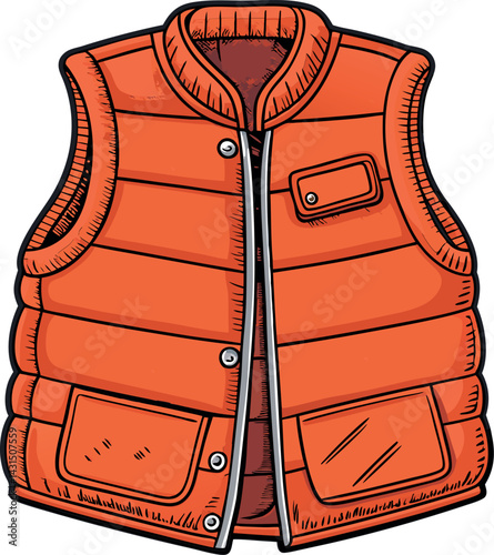Bright Orange Puffer Vest Vector Illustration with Detailed Stitching, Zipper Closure, and Multiple Pockets for Trendy Winter Outerwear Design Projects