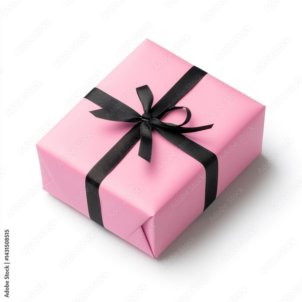 Obraz premium Pink gift box with black ribbon on white background