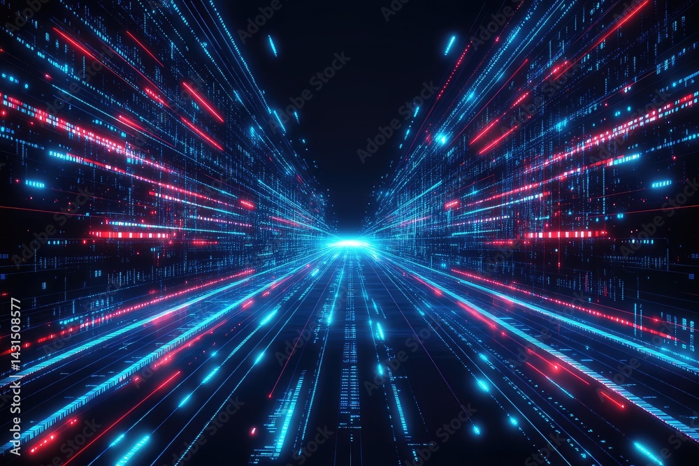 Abstract digital tunnel with glowing red and blue streaks, symbolizing high-speed data flow