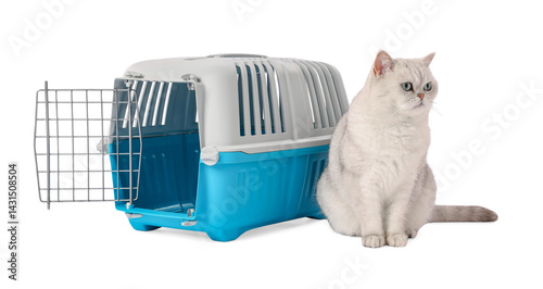 Obraz na płótnie Cute cat and pet carrier isolated on white w salonie