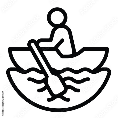 Kayak boat with man line icon, eco tourism concept. Vector graphics. Human in canoe boat on water, kayaking sign on white background, style for mobile or design.