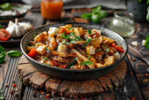 Classic Canadian poutine dish with crispy fries cheese curds and rich gravy studio shot on rustic wood