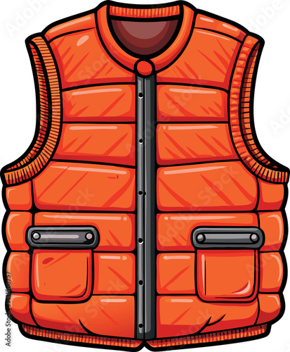 Bright Orange Puffer Vest Vector Illustration with Detailed Stitching, Zipper Closure, and Multiple Pockets for Trendy Winter Outerwear Design Projects