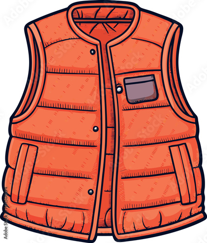 Bright Orange Puffer Vest Vector Illustration with Detailed Stitching, Zipper Closure, and Multiple Pockets for Trendy Winter Outerwear Design Projects