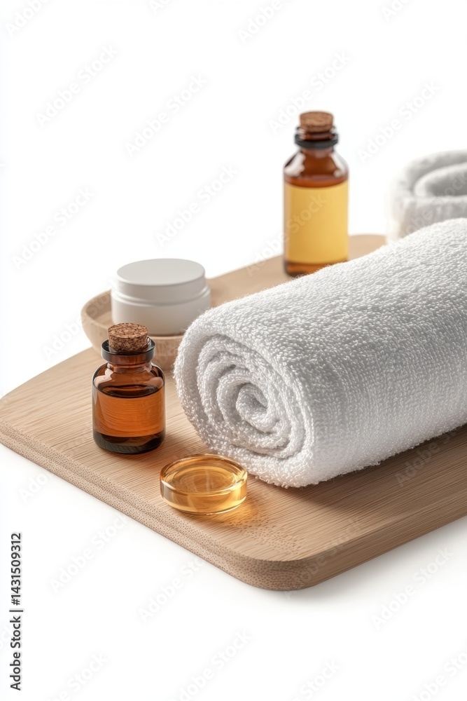 Rolled white towel with amber glass bottles and cosmetic containers arranged on a wooden tray in a minimalist spa setting Rolled white towel with amber glass bottles and cosmetic containers arranged on a wooden tray in a minimalist spa setting