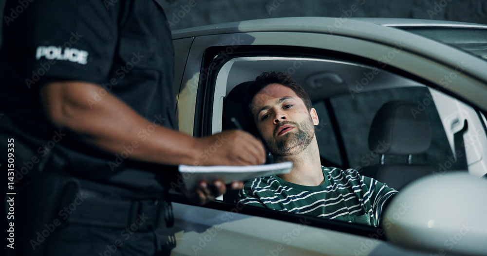 Man, police and writing fine for car, registration and speeding with traffic warning. Person, law enforcement and licence for drunk driving, penalty ticket and transport risk with violation at night