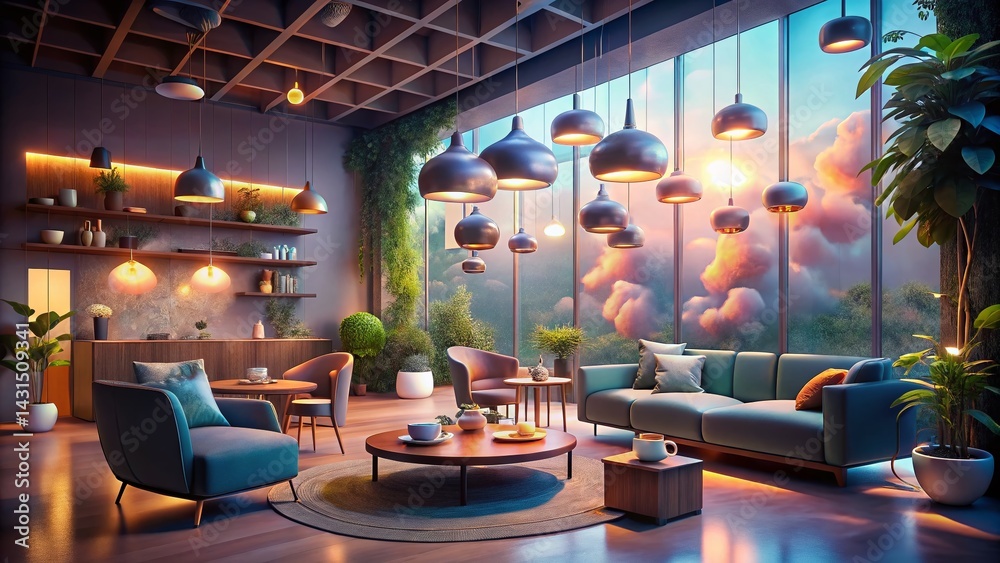 Fototapeta premium Cozy Workspace Collaboration Lounge: Coffee Station & Open Plan Design