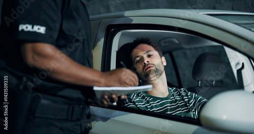 Obraz na płótnie Man, police and writing fine for car, registration and speeding with traffic warning. Person, law enforcement and licence for drunk driving, penalty ticket and transport risk with violation at night w salonie