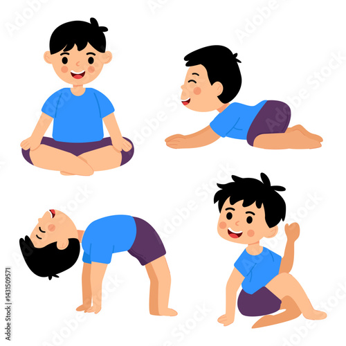 Young kids Boy in different yoga poses on white background. Vector illustration