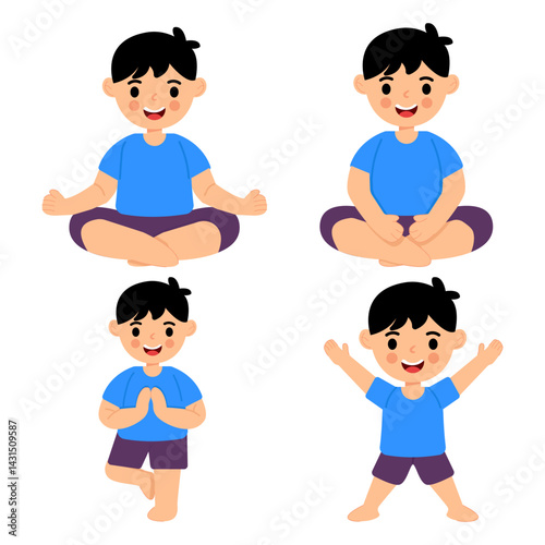 Young kids Boy in different yoga poses on white background. Vector illustration