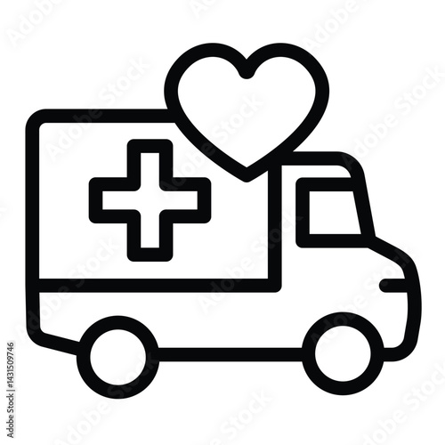 Humanitarian aid truck line icon, charity concept. Vector graphics. Medical cross and heart, charity sign on white background, style for mobile or design.