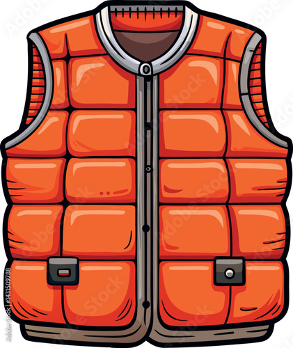 Bright Orange Puffer Vest Vector Illustration with Detailed Stitching, Zipper Closure, and Multiple Pockets for Trendy Winter Outerwear Design Projects