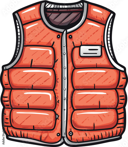 Bright Orange Puffer Vest Vector Illustration with Detailed Stitching, Zipper Closure, and Multiple Pockets for Trendy Winter Outerwear Design Projects