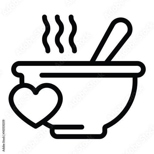 Hot soup plate with spoon and heart line icon, charity concept. Vector graphics. Soup, hot dinner for free sign on white background, style for mobile or design.