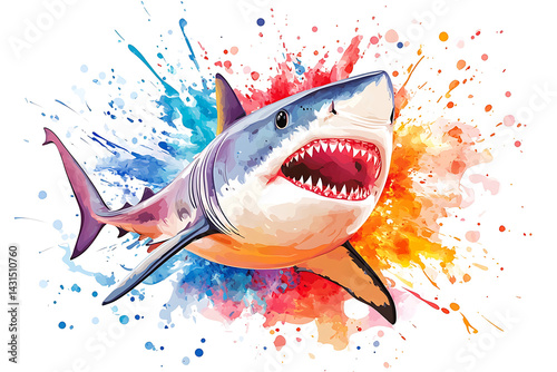Vibrant illustration of a shark swimming through colorful splashes of paint, representing ocean life photo