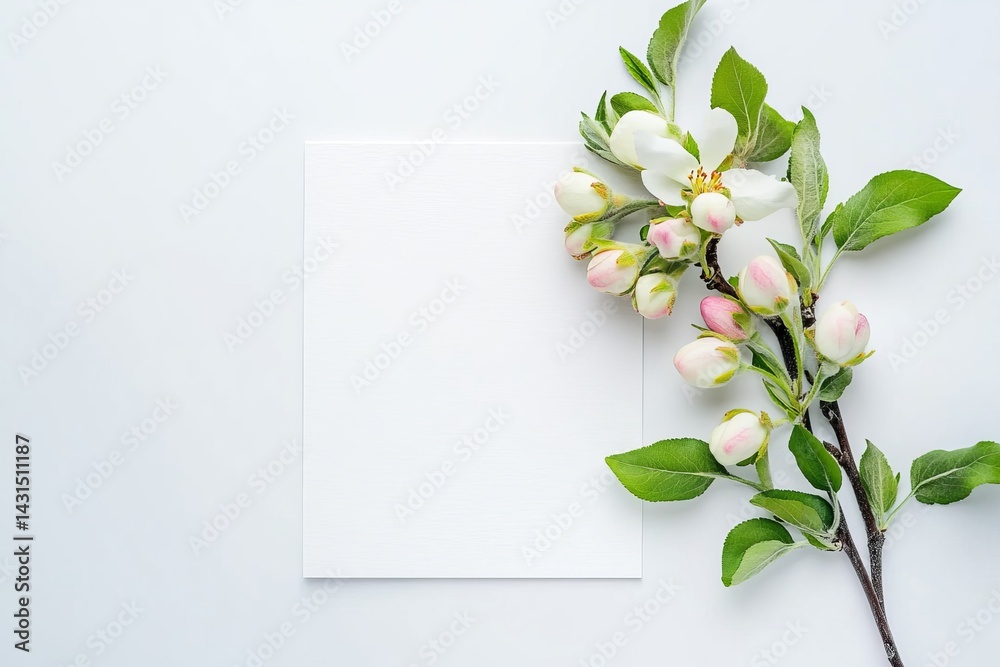 Fototapeta premium A blank white postcard with pink and green flowers.