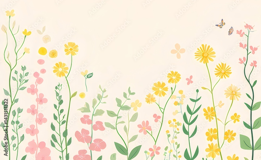 ピンクと黄色の花々と蝶が舞う春夏の優しいイラスト背景 淡いクリーム色の背景に彩り豊かに咲く花の装飾 ピンクと黄色の花々と蝶が舞う春夏の優しいイラスト背景 淡いクリーム色の背景に彩り豊かに咲く花の装飾