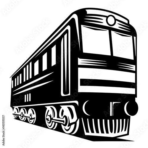 Monochrome illustration of a classic passenger train in bold graphic style