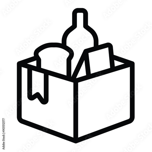 Cardboard box with food and drink line icon, charity concept. Vector graphics. Humanitarian aid box, donation sign on white background, style for mobile or design.