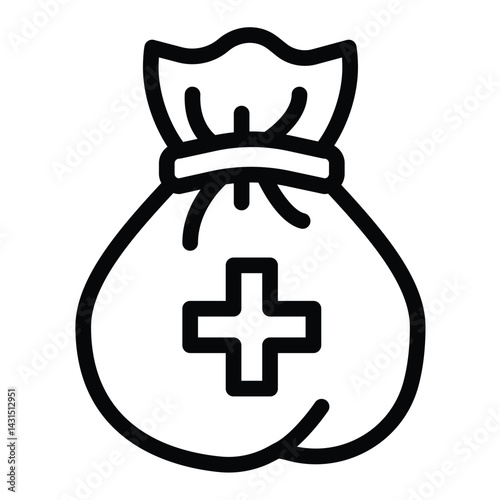 Bag and medical cross line icon, charity concept. Vector graphics. Sack with cross, donation sign on white background, style for mobile or design.