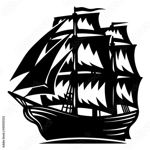 A Black and White Silhouette Depiction of a Classic Sailing Ship